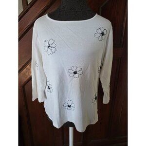 Talbots Womens Embroidered Black Floral White Top L Cotton
